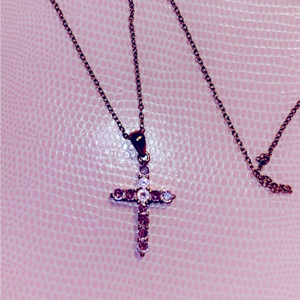 Gold and pink shiny diamond cross necklace